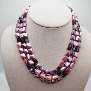 Vintage Japan 1950s Pink Lavender Pearl Finish 3 Strand Necklace 17”